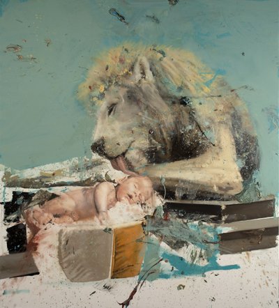 Leão e criança II, 2022 (óleo sobre tela) de Nicola Pucci