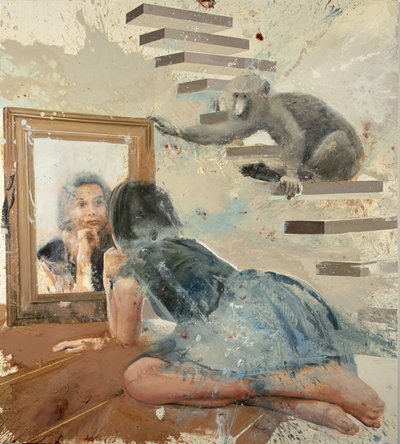 Rapariga do espelho com babuíno, 2023 (óleo sobre tela) de Nicola Pucci
