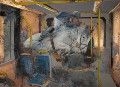 Cavalo branco a saltar num comboio, 2023 (óleo sobre cobre) de Nicola Pucci