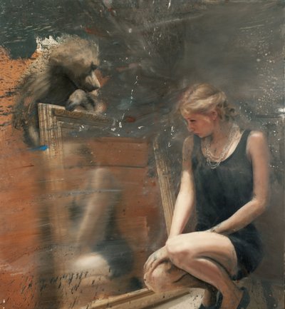 Mulher ao espelho com babuíno, 2019 (óleo sobre tela) de Nicola Pucci