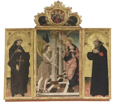 Anunciação entre os Santos João Gualberto e Bento, c.1500-05 (tríptico sobre painel) de Nicola de Maestro Antonio