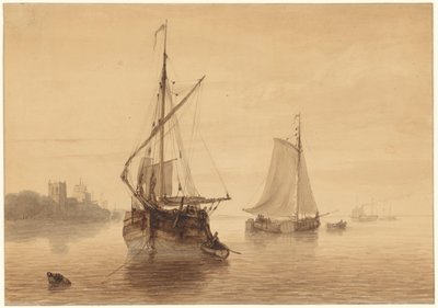 Paisagem do rio com alguns navios de Nicolaas Johannes Roosenboom