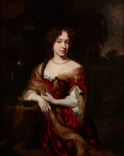 Retrato de três quartos de comprimento de uma Senhora com um vestido vermelho (óleo sobre tela) de Nicolaes (follower of) Maes