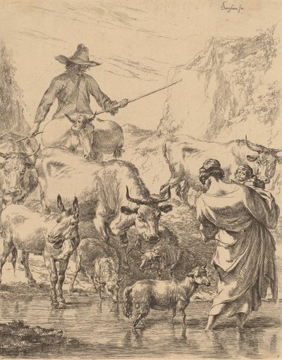 Rebanho cruzando o riacho. de Nicolaes Berchem