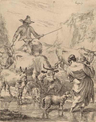 Rebanho cruzando o riacho. de Nicolaes Berchem