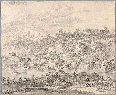 Paisagem com cachoeiras e pontes, camponeses em primeiro plano de Nicolaes Berchem