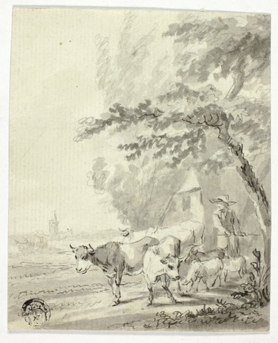 Homem pastoreando vacas e ovelhas de Nicolaes Berchem