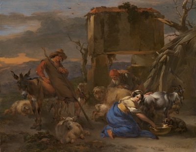Cena pastoral com uma pastora ordenhando uma cabra de Nicolaes Berchem