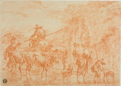 Camponeses e gado cruzando Ford de Nicolaes Berchem