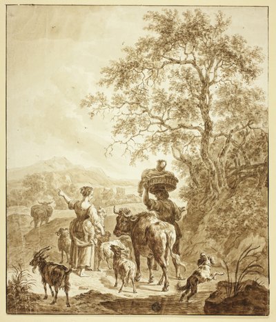 Pastora e camponesa com rebanho na paisagem italianizada de Nicolaes Berchem