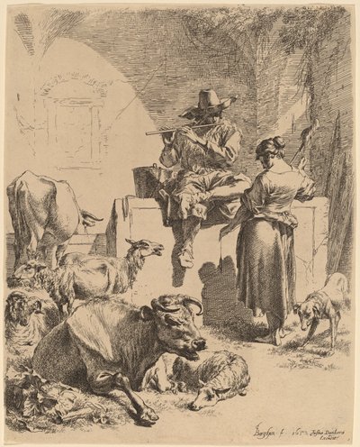 O pastor sentado em uma fonte e a fiandeira, 1652. de Nicolaes Berchem