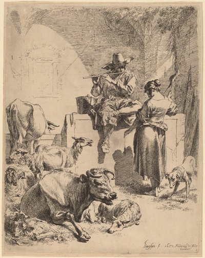 O pastor sentado em uma fonte e a fiandeira, 1652. de Nicolaes Berchem