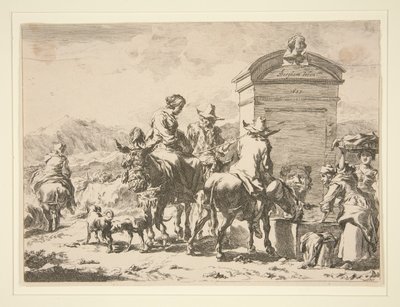 Sem título - Cena do género com pessoas sobre burros e uma lápide de Nicolaes Berchem