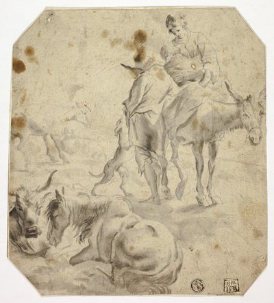 Mulher e criança num burro, homem, cães, cavalos de Nicolaes Berchem