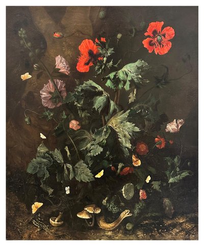 Um chão de floresta com flores, borboletas e répteis, c.1656-1700 (óleo sobre tela) de Nicolaes Lachtropius