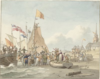 Chegada do príncipe Willem Frederik em Scheveningen, 30 de novembro de 1813 de Nicolaes Lodewick Penning (signed by artist)