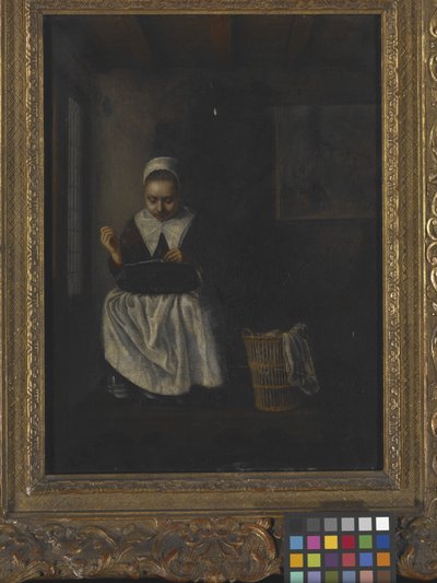 A Girl Sewing (óleo sobre madeira) de Nicolaes Maes