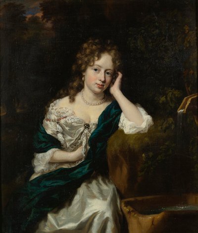 Retrato de uma senhora por uma fonte de Nicolaes Maes