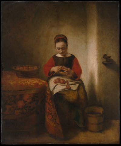 Mulher jovem a descascar maçãs de Nicolaes Maes