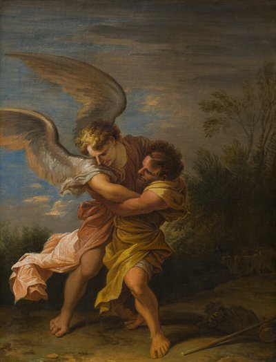 Jacob lutando com o Anjo, c.1640-83 (óleo sobre tela) de Nicolaes Pietersz (attr.to) Berchem