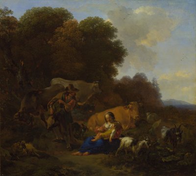 Um camponês tocando Hurdy-Gurdy para uma mulher e criança, 1658 de Nicolaes Pietersz. Berchem