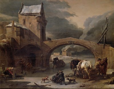 Uma Paisagem de Inverno com Camponeses e Cavalos em um Canal Congelado por uma Ponte Fortificada, c.1660-70 (óleo sobre painel) de Nicolaes Pietersz. Berchem