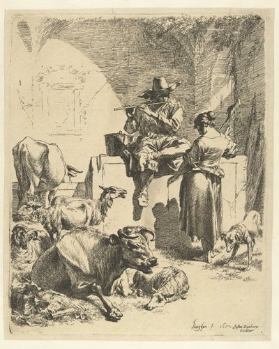 Flauta tocando pastor e girador de Nicolaes Pietersz Berchem