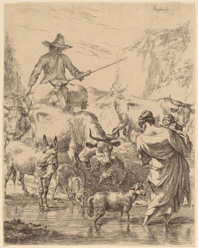 Rebanho cruzando o riacho de Nicolaes Pietersz Berchem