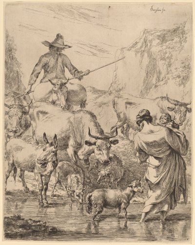 Rebanho cruzando o riacho de Nicolaes Pietersz Berchem