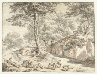 Pastor com ovelhas perto de uma ruína entre árvores de Nicolaes Pietersz Berchem