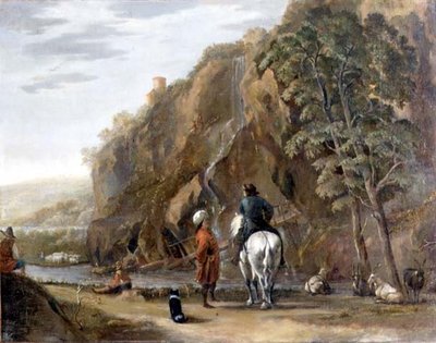 Paisagem italiana com figuras e um cavalo numa estrada de Nicolaes Pietersz. Berchem