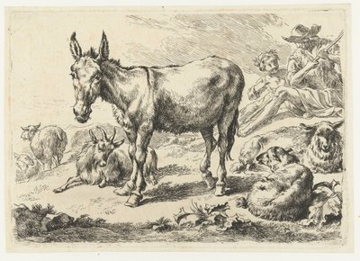 Paisagem com burro, ovelha, cabra e pastores Animais (título da série) de Nicolaes Pietersz Berchem