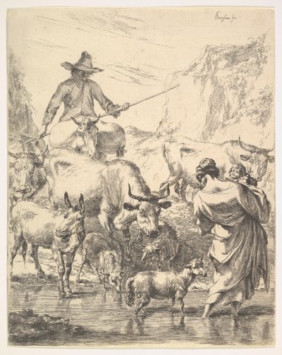 O rebanho que cruza o córrego. de Nicolaes Pietersz. Berchem