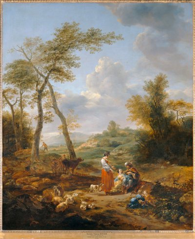Paisagem com Elkana e as suas duas mulheres, Anna e Pennina ... de Nicolaes Pietersz. Berchem