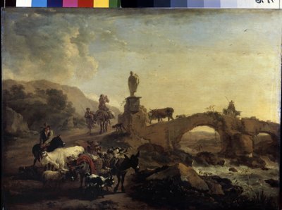 "Paisagem italiana com ponte pequena" Pintura de Nicolaes (Claes) Pietersz Berchem, o Velho (1620-1683) 1656 Dim. 44,5x61 cm Museu Hermitage, São Petersburgo de Nicolaes Pietersz. Berchem