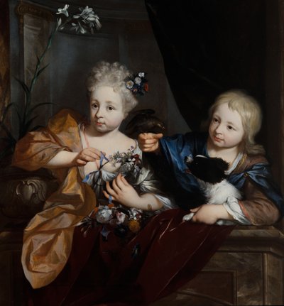 Um rapaz e uma rapariga num cenário arquitetónico de Nicolaes Verkolje