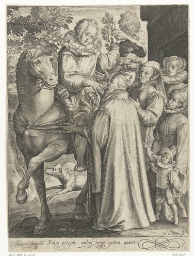 O filho pródigo recebe a sua herança e parte numa viagem
Filius acceptis opibus minor extera quaerit (título sobre o objecto)
História do filho pródigo (título da série) de Nicolaes de Bruyn