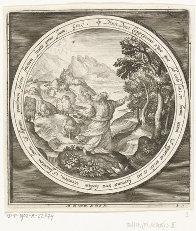 Terceiro dia da criação: Deus cria a terra e as plantas e árvores formadoras de sementes com sementes que dão frutos
Da criação à expulsão do paraíso (título da série) de Nicolaes de Bruyn