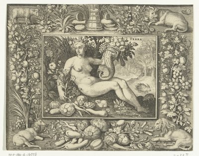 Elemento terra como uma mulher nua com cornucópia Terra (título no objeto) Os Quatro Elementos (título da série) de Nicolaes de Bruyn