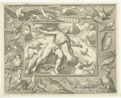 Elemento de ar como homem jovem nas nuvens entre as aves voadoras
Aer (título sobre o objecto)
Os quatro elementos (título da série) de Nicolaes de Bruyn