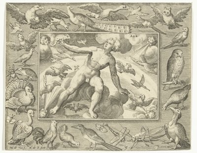 Elemento do ar quando jovem nas nuvens entre pássaros voadores Aer (título no objeto) Os Quatro Elementos (título da série) de Nicolaes de Bruyn