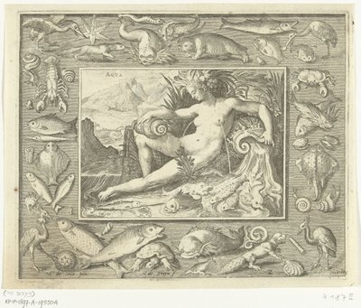 Elemento de água como mulher perto da nascente com peixe
Aqua (título sobre o objecto)
Os quatro elementos (título da série) de Nicolaes de Bruyn