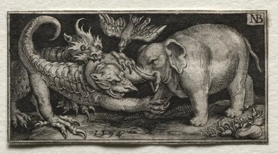 Elefante que luta contra duas bestas, 1594. de Nicolaes de Bruyn
