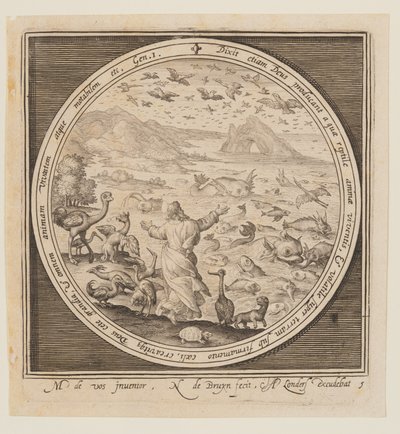 Quinto Dia: A criação das aves e dos peixes, desde a criação até à expulsão do Paraíso de Nicolaes de Bruyn