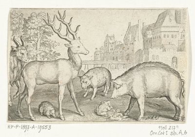 Veado, ouriço, ovelha, sapo e porco Animalivm qvadrvpedvm (título da série) Animais em paisagens (título da série) de Nicolaes de Bruyn