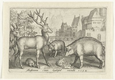 Veado, ouriço-cacheiro, ovelha, rã e porco
Animalivm qvadrvpedvm (título da série)
Animais em paisagens (título da série) de Nicolaes de Bruyn