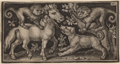 Cavalo com dois macacos e um cachorro de Nicolaes de Bruyn