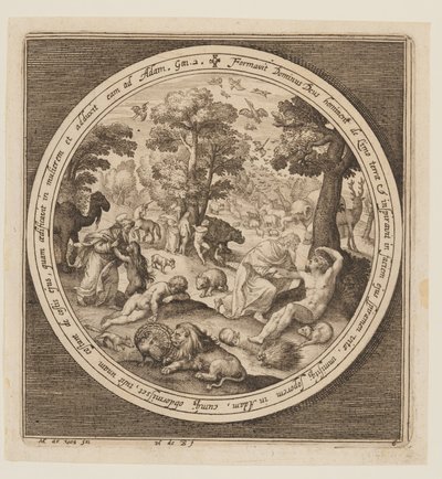 Sexto Dia: A criação dos animais, Adão e Eva, desde a criação até à expulsão do Paraíso de Nicolaes de Bruyn