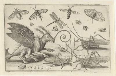 Gafanhotos e criatura de fantasia com asas e pés palmados Pássaros e insetos (título da série) de Nicolaes de Bruyn
