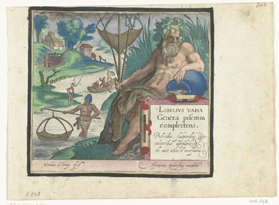 Impressão de título com título e deus do rio com tridente e rede de pesca em paisagem com pescadores Libelivs diversos Genera piscium complectens (título da série) Peixes de água doce, peixes marinhos, sapos, crustáceos e criaturas marinhas (título da séri de Nicolaes de Bruyn